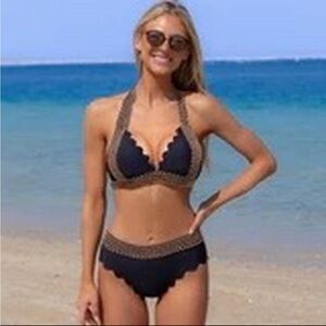 Beachsissi Black Gold Crochet Halter High-Waisted Bikini Set Scalloped Size M